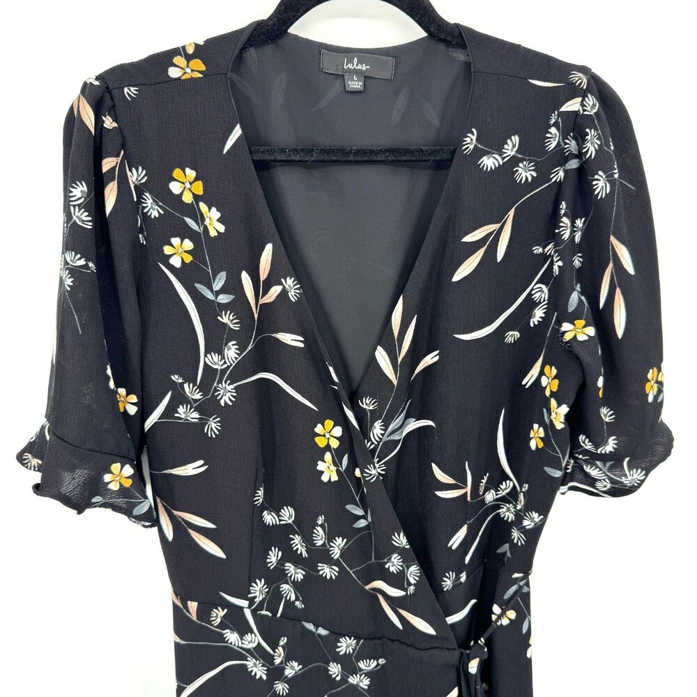 Lulu's Black Floral High-Low Wrap Dress with Ruffle Hem - Picture 4 of 10